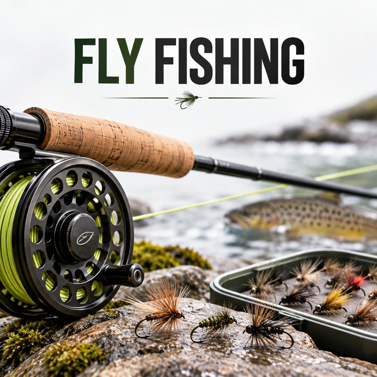 Fly fishing collection - fly rod, reel, flies and trout
